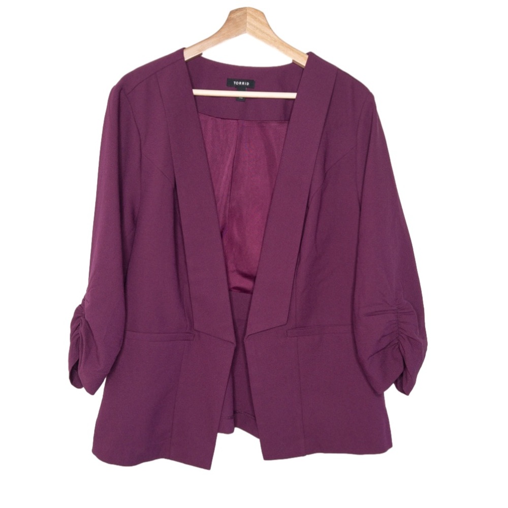 Torrid Womens Plum Open Front Blazer Size 2X Ruched Sleeves Wear to Work Stretch